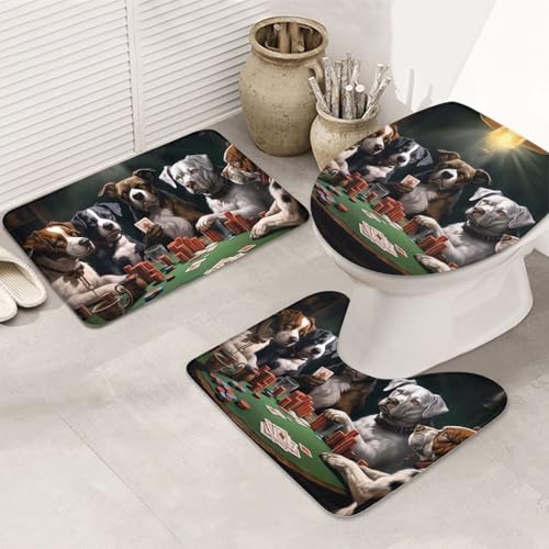 STVYUKL 3-teiliges Badezimmerteppich-Set, rutschfest, waschbar, Duschmatten mit U-förmiger Kontur, WC-Vorleger, saugfähige Mikrofaser, Badvorleger, Pokerspiele, Hunde, Badezimmer-Bodenmatten für von STVYUKL