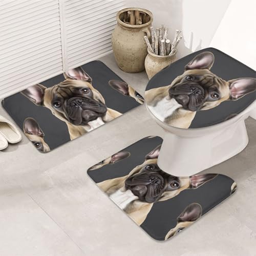 STVYUKL 3-teiliges Badezimmerteppich-Set, rutschfest, waschbar, Duschmatten mit U-förmiger Kontur, WC-Vorleger, saugfähige Mikrofaser, Badvorleger, französische Bulldogge, Badezimmer-Fußmatten für von STVYUKL