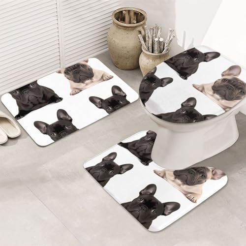 STVYUKL 3-teiliges Badezimmerteppich-Set, rutschfest, waschbar, Duschmatten mit U-förmiger Kontur, WC-Vorleger, saugfähige Mikrofaser, Badvorleger, französische Bulldogge, Badezimmer-Fußmatten für von STVYUKL