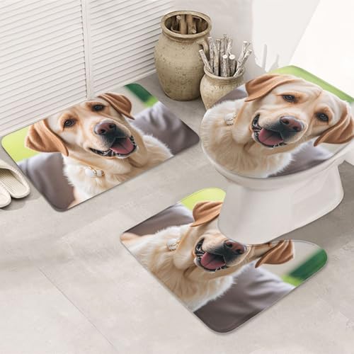 STVYUKL 3-teiliges Badezimmerteppich-Set, rutschfest, waschbar, Duschmatten mit U-förmiger Kontur, WC-Vorleger, saugfähige Mikrofaser, Badvorleger, niedlicher Labrador, Badezimmer, Bodenmatten für von STVYUKL