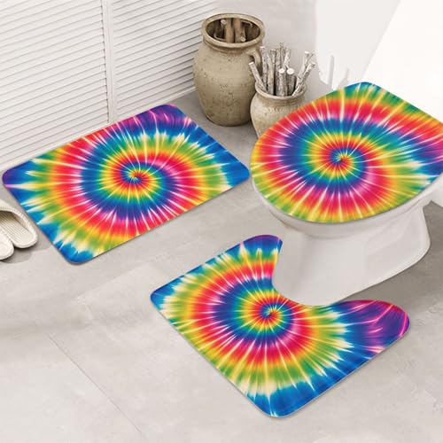STVYUKL 3-teiliges Badezimmerteppich-Set, rutschfest, waschbar, Duschmatten mit U-förmiger Kontur, WC-Vorleger, saugfähige Mikrofaser, Batikfärbung, Regenbogen, Badezimmer-Bodenmatten für Badewanne von STVYUKL