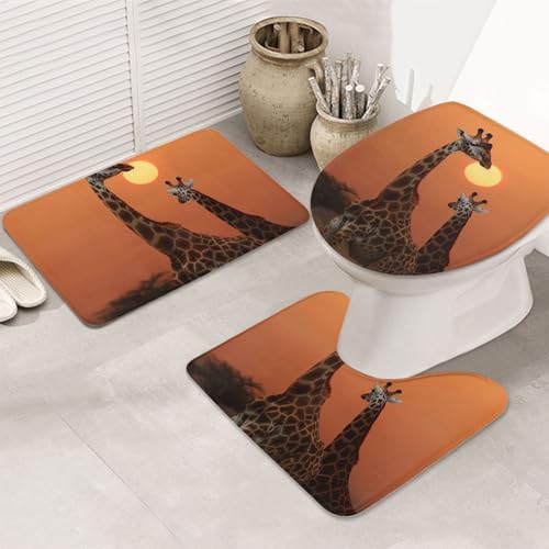 STVYUKL 3-teiliges Badezimmerteppich-Set, rutschfest, waschbar, Duschmatten mit U-förmiger Kontur, WC-Vorleger, saugfähige Mikrofaser, Giraffe bei Sonnenuntergang, Badezimmer-Fußmatten für Badewanne von STVYUKL
