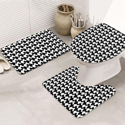 STVYUKL 3-teiliges Badezimmerteppich-Set, rutschfest, waschbar, Duschmatten mit U-förmiger Kontur, WC-Vorleger, saugfähige Mikrofaser, Hahnentrittmuster, schwarz, Badezimmer-Bodenmatten für Badewanne von STVYUKL