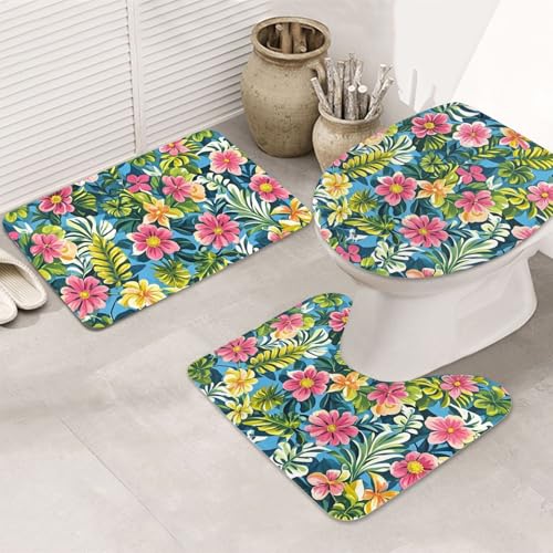 STVYUKL 3-teiliges Badezimmerteppich-Set, rutschfest, waschbar, Duschmatten mit U-förmiger Kontur, WC-Vorleger, saugfähige Mikrofaser, Hawaii-Stil, Druck, Badezimmer-Fußmatten für Badewanne, Dusche von STVYUKL