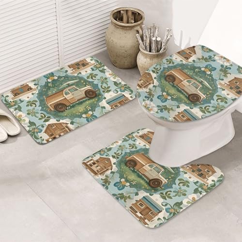 STVYUKL 3-teiliges Badezimmerteppich-Set, rutschfest, waschbar, Duschmatten mit U-förmiger Kontur, WC-Vorleger, saugfähige Mikrofaser, Landhausstil-Muster, Badezimmer-Fußmatten für Badewanne, Dusche von STVYUKL