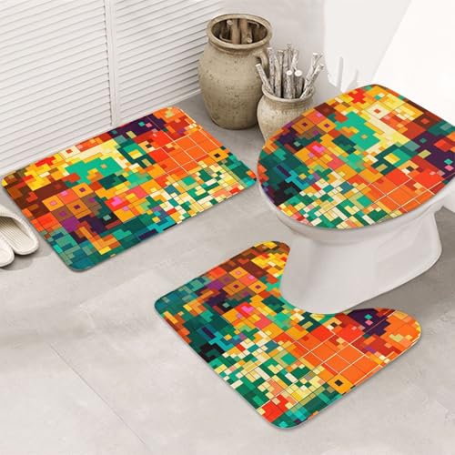 STVYUKL 3-teiliges Badezimmerteppich-Set, rutschfest, waschbar, Duschmatten mit U-förmiger Kontur, WC-Vorleger, saugfähige Mikrofaser, Pixel-Kunst-Muster, Badezimmer-Fußmatten für Badewanne, Dusche von STVYUKL
