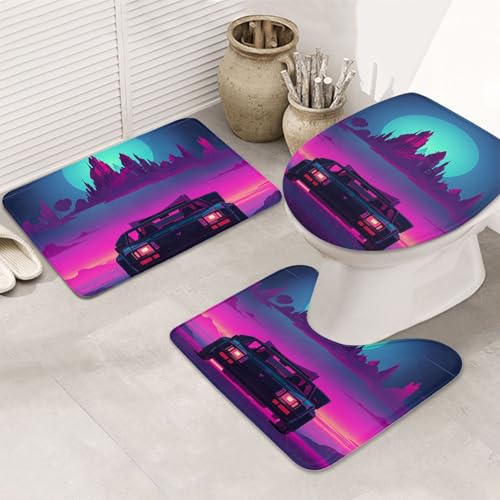 STVYUKL 3-teiliges Badezimmerteppich-Set, rutschfest, waschbar, Duschmatten mit U-förmiger Kontur, WC-Vorleger, saugfähige Mikrofaser, Retrowave-Bilder, Badezimmer-Fußmatten für Badewanne, Duschraum von STVYUKL