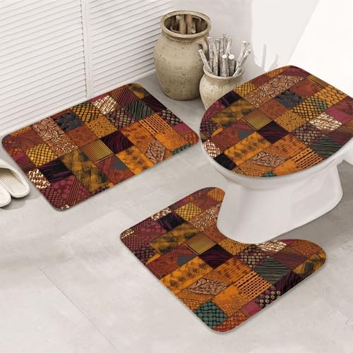 STVYUKL 3-teiliges Badezimmerteppich-Set, rutschfest, waschbar, Duschmatten mit U-förmiger Kontur, WC-Vorleger, saugfähige Mikrofaser, afrikanischer Stil, Patchwork, Badezimmer-Bodenmatten für von STVYUKL