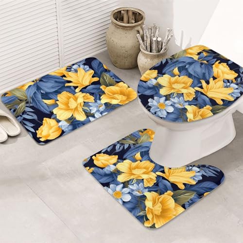 STVYUKL 3-teiliges Badezimmerteppich-Set, rutschfest, waschbar, Duschmatten mit U-förmiger Kontur, WC-Vorleger, saugfähige Mikrofaser, blaue Unterseite, gelbe Blumenmuster, Badezimmer-Fußmatten für STVYUKL 3-teiliges Badezimmerteppich-Set, rutschfest, waschbar, Duschmatten mit U-förmiger Kontur, WC-Vorleger, saugfähige Mikrofaser, blaue Unterseite, gelbe Blumenmuster, Badezimmer-Fußmatten für von STVYUKL