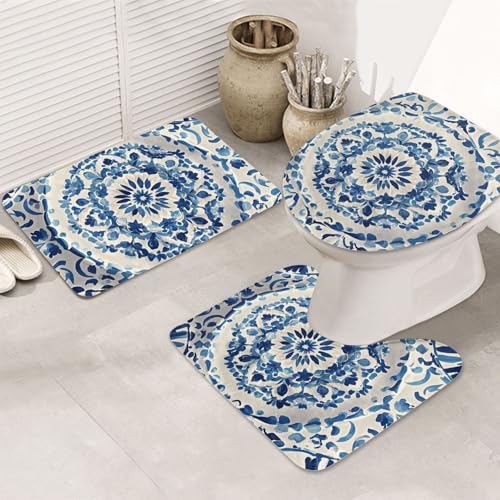 STVYUKL 3-teiliges Badezimmerteppich-Set, rutschfest, waschbar, Duschmatten mit U-förmiger Kontur, WC-Vorleger, saugfähige Mikrofaser, blaue und weiße Textur, Badezimmer-Bodenmatten für Badewanne STVYUKL 3-teiliges Badezimmerteppich-Set, rutschfest, waschbar, Duschmatten mit U-förmiger Kontur, WC-Vorleger, saugfähige Mikrofaser, blaue und weiße Textur, Badezimmer-Bodenmatten für Badewanne von STVYUKL