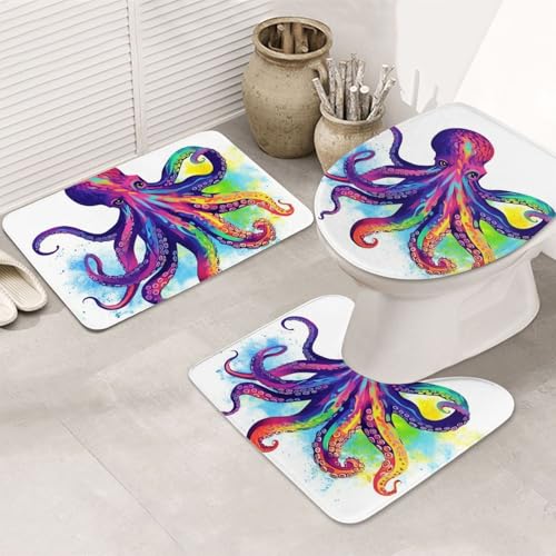 STVYUKL 3-teiliges Badezimmerteppich-Set, rutschfest, waschbar, Duschmatten mit U-förmiger Kontur, WC-Vorleger, saugfähige Mikrofaser, bunte Oktopus, Badezimmer-Bodenmatten für Badewanne, Dusche von STVYUKL