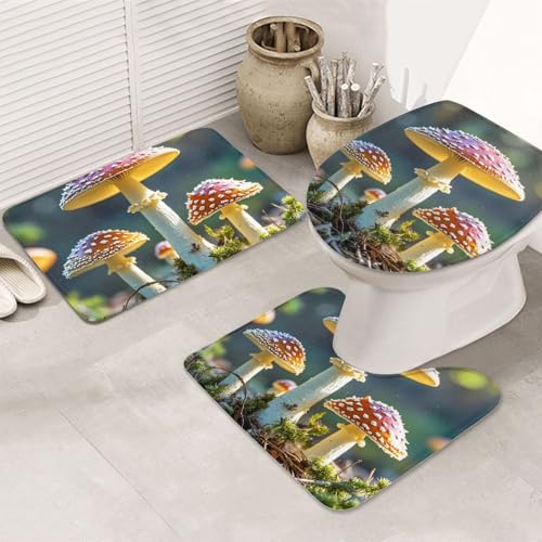 STVYUKL 3-teiliges Badezimmerteppich-Set, rutschfest, waschbar, Duschmatten mit U-förmiger Kontur, WC-Vorleger, saugfähige Mikrofaser, buntes Pilzbild, Badezimmer-Fußmatten für Badewanne, Duschraum von STVYUKL