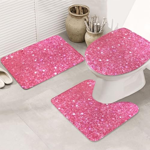 STVYUKL 3-teiliges Badezimmerteppich-Set, rutschfest, waschbar, Duschmatten mit U-förmiger Kontur, WC-Vorleger, saugfähige Mikrofaser, glitzernd, rosa Glitzer, Badezimmer-Bodenmatten für Badewanne von STVYUKL