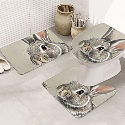 STVYUKL 3-teiliges Badezimmerteppich-Set, rutschfest, waschbar, Duschmatten mit U-förmiger Kontur, WC-Vorleger, saugfähige Mikrofaser, handgezeichnetes Kaninchen, Badezimmer-Fußmatten für Badewanne von STVYUKL