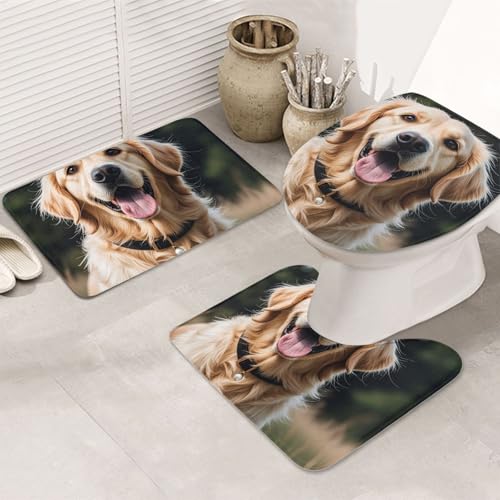 STVYUKL 3-teiliges Badezimmerteppich-Set, rutschfest, waschbar, Duschmatten mit U-förmiger Kontur, WC-Vorleger, saugfähige Mikrofaser, lustig, Golden Retriever, Badezimmer-Bodenmatten für Badewanne von STVYUKL