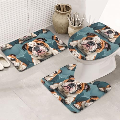 STVYUKL 3-teiliges Badezimmerteppich-Set, rutschfest, waschbar, Duschmatten mit U-förmiger Kontur, WC-Vorleger, saugfähige Mikrofaser, lustige englische Bulldogge, Badezimmer-Bodenmatten für Badewanne von STVYUKL