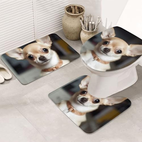STVYUKL 3-teiliges Badezimmerteppich-Set, rutschfest, waschbar, Duschmatten mit U-förmiger Kontur, WC-Vorleger, saugfähige Mikrofaser, niedlicher Chihuahua, Badezimmer-Bodenmatten für Badewanne von STVYUKL