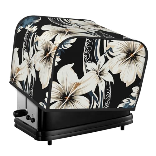 Schwarze und weiße hawaiianische Blumen, 4 Scheiben, Toaster-Abdeckungen, gesteppte Abdeckung für Brotbackmaschine, kleine Geräteabdeckung mit Griff, für Zuhause, Tisch, Küche, Dekor von STVYUKL