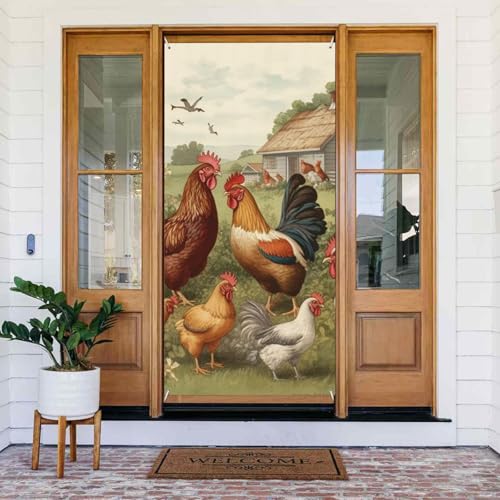 Türabdeckungs-Dekorationen, 90 x 180 cm, Hühner und Bauernhof-Tür-Banner, Hintergrund, saisonales Veranda-Türschild, Foto-Hintergrund, Party-Dekoration für Innen- und Außenbereich, Garten, hängende von STVYUKL