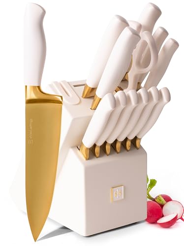 STYLED SETTINGS 14-teiliges Weißes und goldenes Messerset mit Block, selbstschärfend - Titanbeschichtetes Gold- und Weiß-Küchenmesser-Set und weißer Messerblock mit Schärfer von STYLED SETTINGS