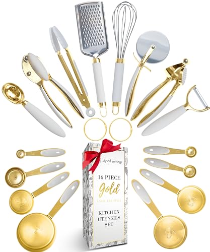 Styled Settings Weiß und Gold Küchenhelfer Set - 16 Stück Silikon Kochutensilien mit Messbechern und Löffeln von STYLED SETTINGS