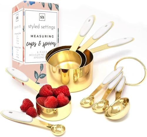 Weiß & Gold Messbecher und Löffel Set – niedliche Messbecher – 8 Stück goldene Edelstahl Messbecher und goldene Messlöffel Set mit weißem Silikongriff – Weiß und Gold Küchenzubehör von STYLED SETTINGS