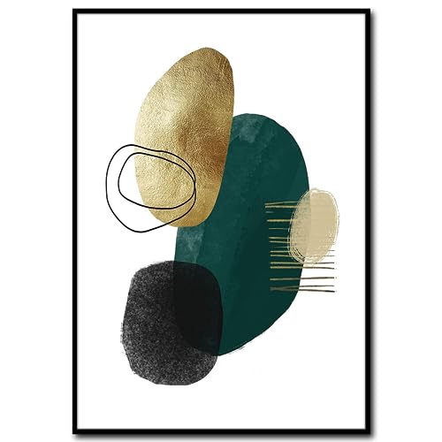 Bild mit Rahmen abstrakt Green Shape 2 | schwarzer Holzrahmen Optik | modern Kunst | farbig Linien und Formen fein | Wohnzimmer Schlafzimmer Arbeitszimmer Büro | schwarz grün gold | 50 x 70 cm von STYLER