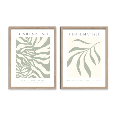 STYLER Bilder Set Sage 2x 30x40 cm (AUFHÄNGFERTIG) mit hochwertigem Holzrahmen - Henri Matisse inspirierte Kunstwerke - Klassische Moderne in Grün Beige und Weiß von STYLER