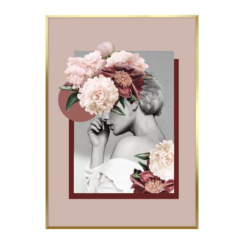 STYLER Gerahmtes Bild B & W Girl 50 x 70 cm I Artbox goldener Rahmen Frau gold Blumen rosa modern Bouquet schwarzweiss Wandbild Wohnzimmer Schlafzimmer Wanddeko Home Kunstdruck mit von Styler