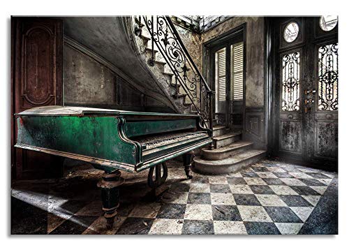 STYLER Glasbild Piano 80 x 120 cm I Lost Place altes Haus mystisch grünes Klavier vintage I Wandbild aus Glas I Bild Wohnzimmer Schlafzimmer Küche I XXL groß retro abstrakt von STYLER