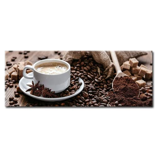 STYLER Küchenbild Coffee 30 x 80 cm I Glasbild Küche mit gerösteten Kaffeebohnen I Wandbild Braun Cafe Kaffeetasse Zuckerwürfel Kochlöffel I Wanddeko Home Kunstdruck I Deko Küche Vintage von STYLER