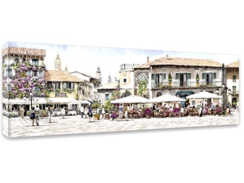 Leinwandbild Restaurant Wasserfarben 45 x 140 cm I Wandbild Ambiente mediterran Süden Landschaft I Bild Wohnzimmer Schlafzimmer Esszimmer Leinwand I Bild groß XXL I Verschiedene Motive & Größen von STYLER