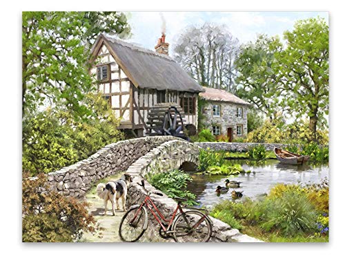 Leinwandbild Watermill Wasserfarben 60 x 80 cm I Wandbild Natur Brücke See Boot Malerei Wassermühle I Bild Wohnzimmer Schlafzimmer Esszimmer Leinwand I Bild groß XXL I Verschiedene Motive & Größen von STYLER