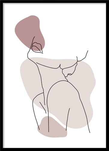 Rahmenbild Woman Pink 50 x 70 cm | Gezeichnet im schlichten Stil der One-Line-Art und in Boho Farben koloriert | Modern Living | Wandbild mit schwarzem Rahmen | Wohnzimmer Schlafzimmer | Home Deko von STYLER