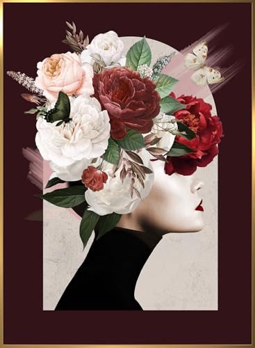 STYLER Bild Ava 50 x 70 cm (AUFHÄNGFERTIG) mit hochwertigem goldenen Rahmen – Frau mit Blumen – Exklusives Wandbild Modern Dekorativ Hochwertig Blumenkopf von STYLER
