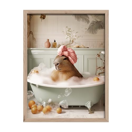 STYLER Bild Capy Bath 30 x 40 cm (AUFHÄNGFERTIG) mit hochwertigem Holzrahmen – Lustiges Capybara-Wandbild für Badezimmer und Gäste-WC – Modern Humorvoll Dekorativ Hochwertig von STYLER