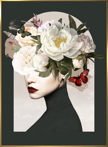 STYLER Bild Mia 50 x 70 cm (AUFHÄNGFERTIG) mit hochwertigem goldenen Rahmen – Frau mit Blumen – Exklusives Wandbild Modern Dekorativ Hochwertig Blumenkopf von STYLER