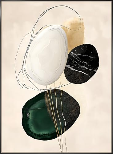 STYLER Bild Pebbles 50x70 cm (AUFHÄNGFERTIG) mit elegantem Rahmen – Abstraktes Kunstwerk mit Steineffekt in Grün Schwarz Weiß – Modern Minimalistisch Dekorativ Hochwertig von STYLER