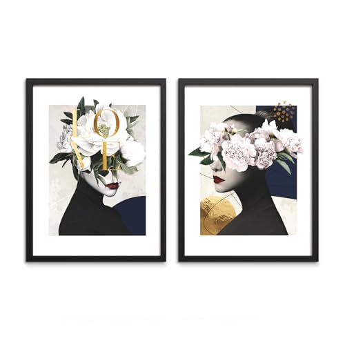 STYLER Bilder Set Darling 2x 30x40 cm (AUFHÄNGFERTIG) mit hochwertigem Rahmen - Moderne Abstrakte Bilder - Frau mit Blumen von STYLER