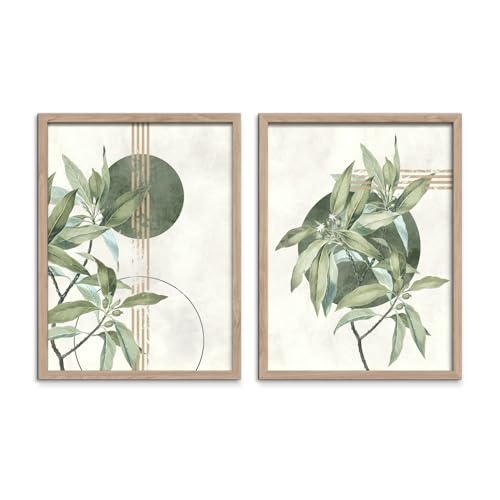 STYLER Bilder Set Green 2x 30x40 cm (AUFHÄNGFERTIG) mit hochwertigem Rahmen - Natürliche Schönheit für Ihr Zuhause - Grün Natur Abstrakte Formen Linien von STYLER