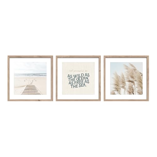 STYLER Bilder Set Seaside 3x 30x30 cm (AUFHÄNGFERTIG) mit hochwertigem Rahmen – Maritime Eleganz für Ihr Zuhause – Strand Meer Zitat Pampas Boho Minimalistisch von STYLER