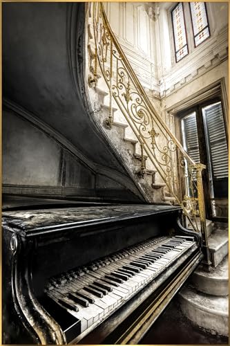 STYLER Glasbild Gold Piano 80 x 120 cm mit goldenem Rahmen I Lost Place mystisch Klavier Treppe vintage I Wandbild aus Glas I Bild Wohnzimmer Schlafzimmer I XXL groß retro abstrakt von STYLER