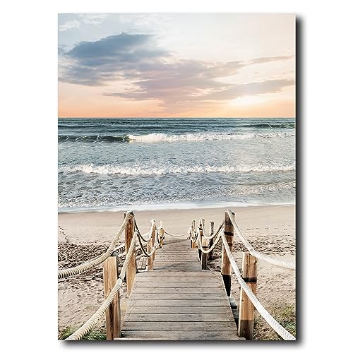 STYLER Glasbild Jetty 2 50 x 70 cm | Wellen Strand Meer Strandmotiv Meerblick Sand Blau Steg | Glas Bild Wandbild | Wohnzimmer Schlafzimmer groß modern von STYLER