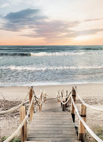 STYLER Glasbild Jetty 50 x 70 cm | Wellen Strand Meer Strandmotiv hell Meermotiv Sand Blau Steg | Glas Bild Wandbild | Wohnzimmer Schlafzimmer groß modern Küche von STYLER