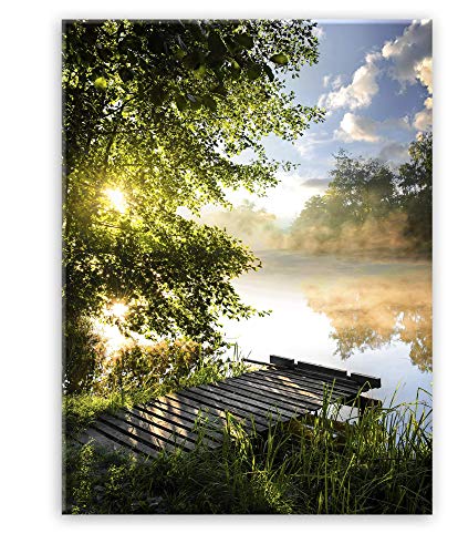 STYLER Glasbild Idyll 50 x 70 cm I Calm Nature Kollektion I See Natur Wald Sonne Steg I Wandbild aus Glas I Bild Wohnzimmer Schlafzimmer Küche I XXL groß Frühling hochformat Sonnenstrahlen Landschaft von STYLER