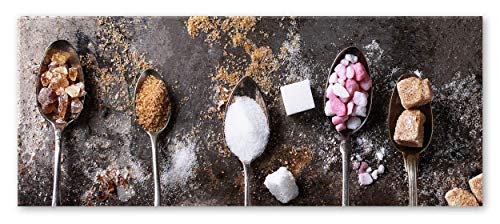 Küchenbild Zucker 30 x 80 x 0,4 cm I Glasbild mit Zuckerwürfeln I Panorama Wandbild mit weißen Zucker braunem Zucker I Wanddeko Home Kunstdruck I Deko Küche Vintage von STYLER