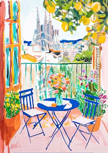 STYLER Leinwandbild Barcelona 60 x 80 cm (AUFHÄNGFERTIG) I Mediterrane Stadtansicht mit Sagrada Familia und Zitronen I Wandbild für Wohnzimmer Küche Balkon Büro I Kunst farbenfroh I Made in Europe von STYLER