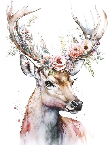 STYLER Leinwandbild Deer & Flowers 60 x 80 cm (AUFHÄNGFERTIG) – Eleganter Hirsch mit blumengeschmücktem Geweih – Kombination aus Natur und Abstraktion von STYLER