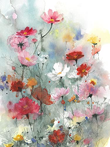 STYLER Leinwandbild Meadow Colourful 50 x 70 cm I Wandbild mediterran Blumen bunt rosa rot Wasserfarben I Bild Wohnzimmer Schlafzimmer Esszimmer Leinwand Flur I Verschiedene Motive & Größen von STYLER