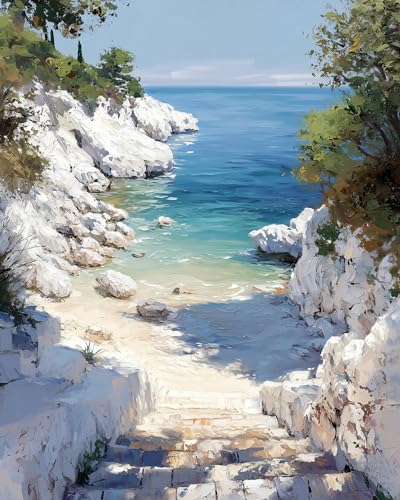 STYLER Leinwandbild Secret Bay 70 x 100 cm I Mediterrane Küstenszene mit Treppe zum Meer I Wandbild modern I Druck auf Leinwand mit Keilrahmen von STYLER